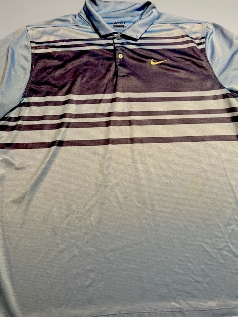Nike Light Blue & Navy Striped Polo with Yellow Swoosh